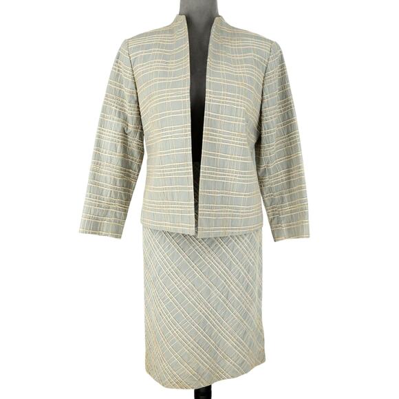 Due Per Due Skirt Suit Petites 12P Green Beige Plaid Silk Blend Lined Vintage - Picture 1 of 16